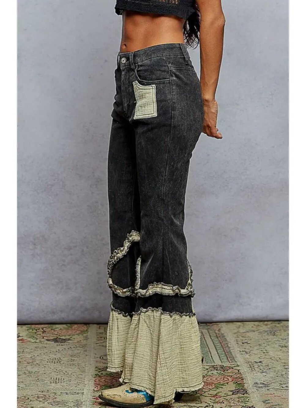 Pol Clothing Vintage Wash Double Gauze Boho Ruffle Twill Flare Pants Sz S-L New - Picture 2 of 3